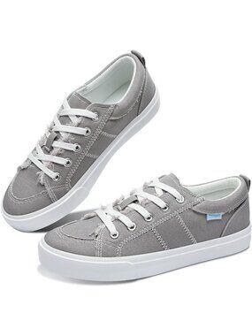 Women's Grey Lace up Flat for Lady Canvas Shoes Fashion Sneakers